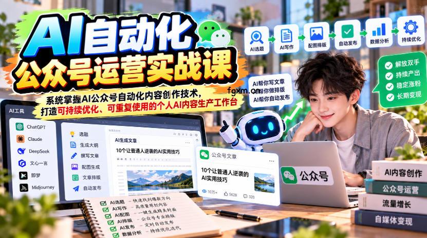 AI自动化公众号运营实战课，系统掌握AI公众号自动化内容创作技术，打造可持续优化、可重复使用的个人AI内容生产工作台