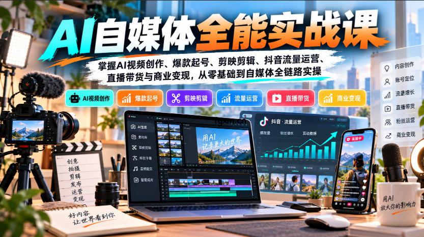 【无水印】AI自媒体全能实战课，掌握AI视频创作、爆款起号、剪映剪辑、抖音流量运营、直播带货与商业变现，从零基础到自媒体全链路实操-轻创终点站