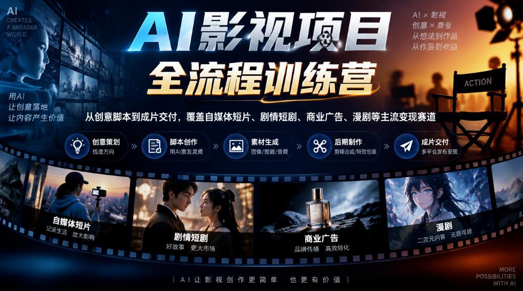 AI影视项目全流程训练营，从创意脚本到成片交付，覆盖自媒体短片、剧情短剧、商业广告、漫剧等主流变现赛道-轻创终点站