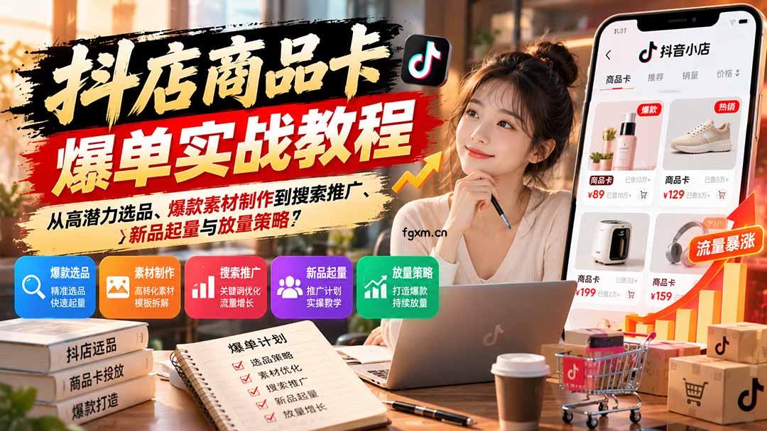 抖店商品卡爆单实战教程：从高潜力选品、爆款素材制作到搜索推广、新品起量与放量策略-轻创终点站