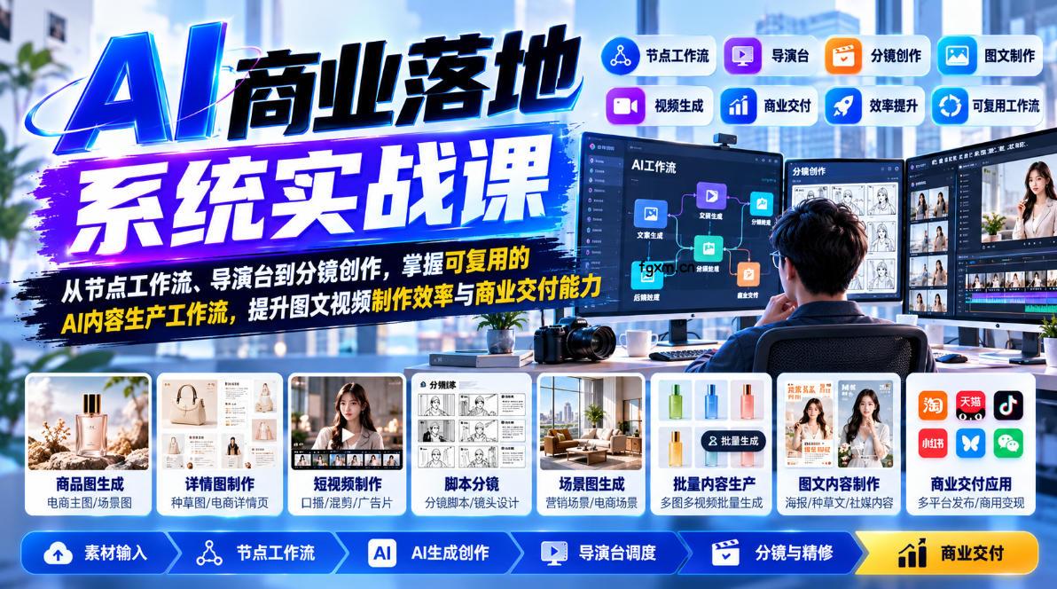 【无水印】AI商业落地系统实战课，从节点工作流、导演台到分镜创作，掌握可复用的AI内容生产工作流，提升图文视频制作效率与商业交付能力-轻创终点站