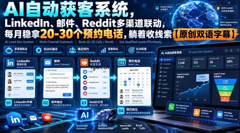 【无水印】AI自动获客系统，LinkedIn、邮件、Reddit多渠道联动，每月稳拿20-30个预约电话，躺着收线索【原创双语字幕】-轻创终点站