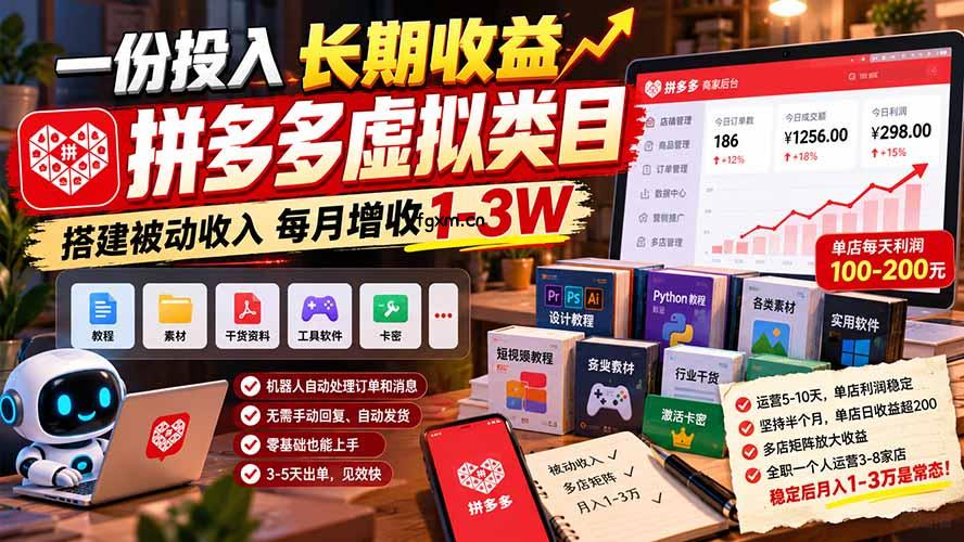 一份投入长期收益，拼多多虚拟类目，搭建被动收入每月增收 1-3W-轻创终点站