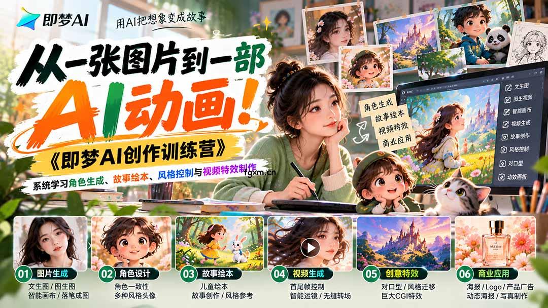 【无水印】从一张图片到一部AI动画！《即梦AI创作训练营》系统学习角色生成、故事绘本、风格控制与视频特效制作-轻创终点站