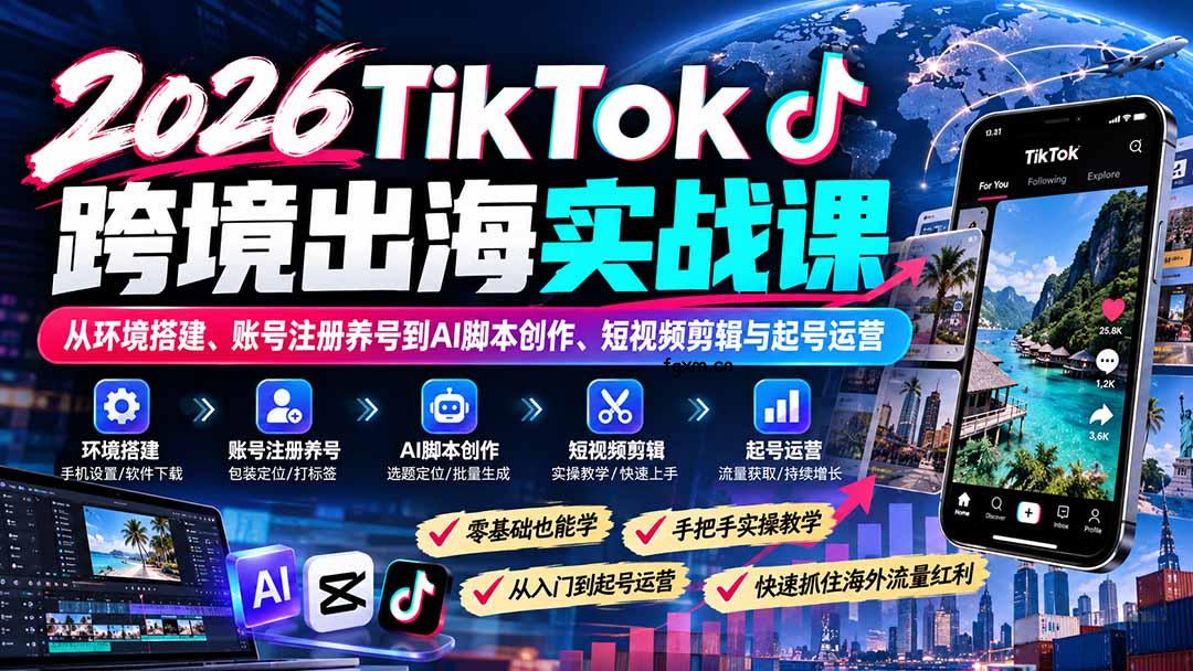 2026TikTok跨境出海实战课：从环境搭建、账号注册养号到AI脚本创作、短视频剪辑与起号运营-轻创终点站