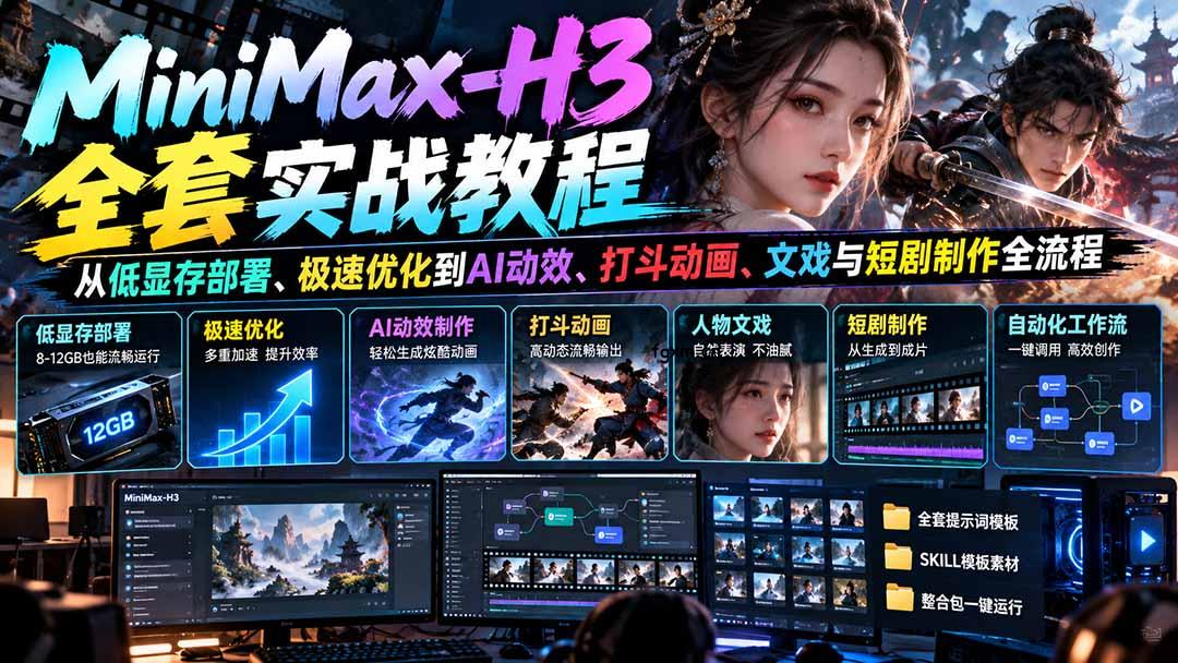 MiniMax-H3全套实战教程：从低显存部署、极速优化到AI动效、打斗动画、文戏与短剧制作全流程-轻创终点站