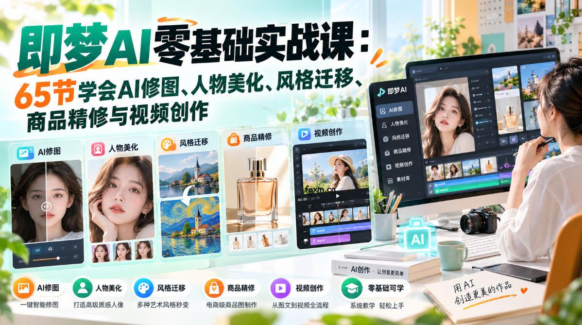 即梦AI零基础实战课:65节学会AI修图、人物美化、风格迁移、商品精修与视频创作-轻创终点站
