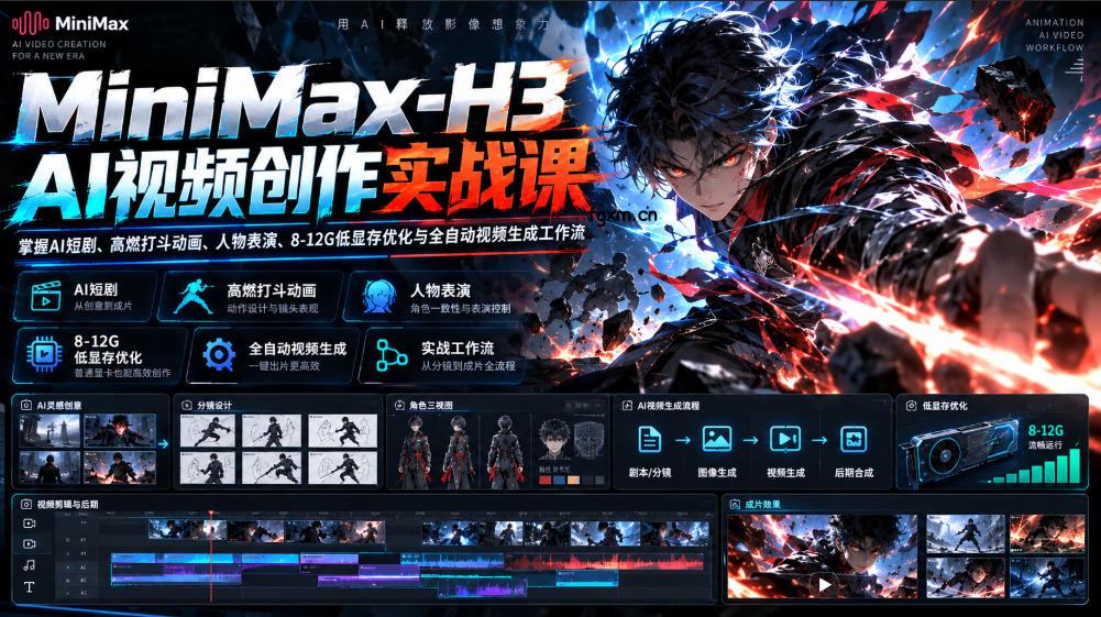 MiniMax-H3 AI视频创作实战课，掌握AI短剧、高燃打斗动画、人物表演、8-12G低显存优化与全自动视频生成工作流-轻创终点站