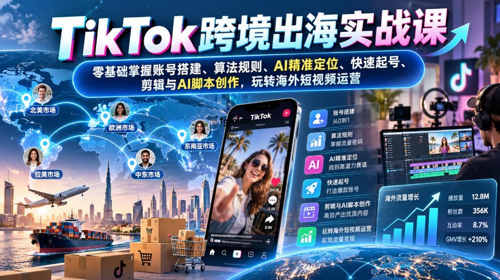 TikTok跨境出海实战课：零基础掌握账号搭建、算法规则、AI精准定位、快速起号、剪辑与AI脚本创作，玩转海外短视频运营-轻创终点站