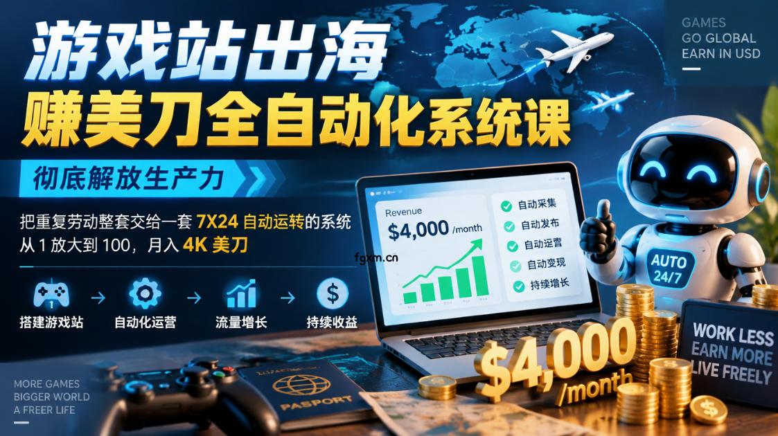 游戏站出海賺美刀全自动化系统课，彻底解放生产力--把重复劳动整套交给一套7X24自动运转的系统，从1放大到100，月入4K美刀-轻创终点站