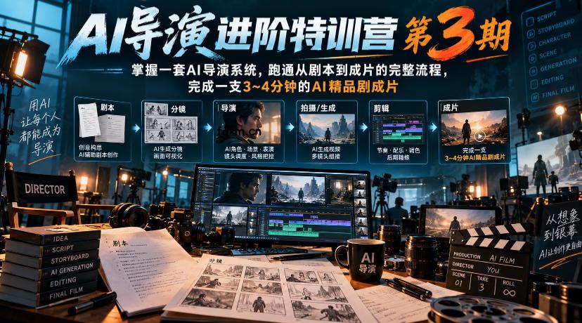 AI导演进阶特训营第3期,掌握一套AI导演系统,跑通从剧本到成片的完整流程,完成一支3~4分钟的AI精品剧成片(附1、2期)-轻创终点站