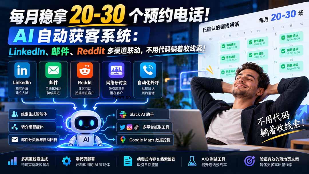 每月稳拿 20-30 个预约电话！AI 自动获客系统：LinkedIn、邮件、Reddit 多渠道联动，不用代码躺着收线索！-轻创终点站