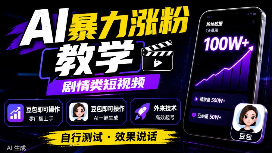 AI暴力涨粉教学，剧情类短视频，豆包即可操作，外来技术，自行测试-轻创终点站
