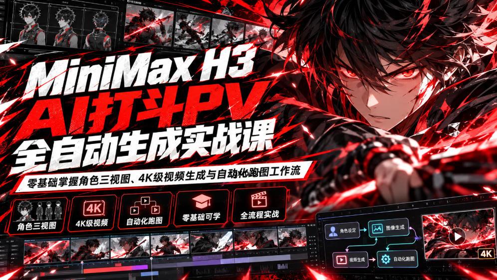 MiniMax H3 AI打斗PV全自动生成实战课：零基础掌握角色三视图、4K级视频生成与自动化跑图工作流