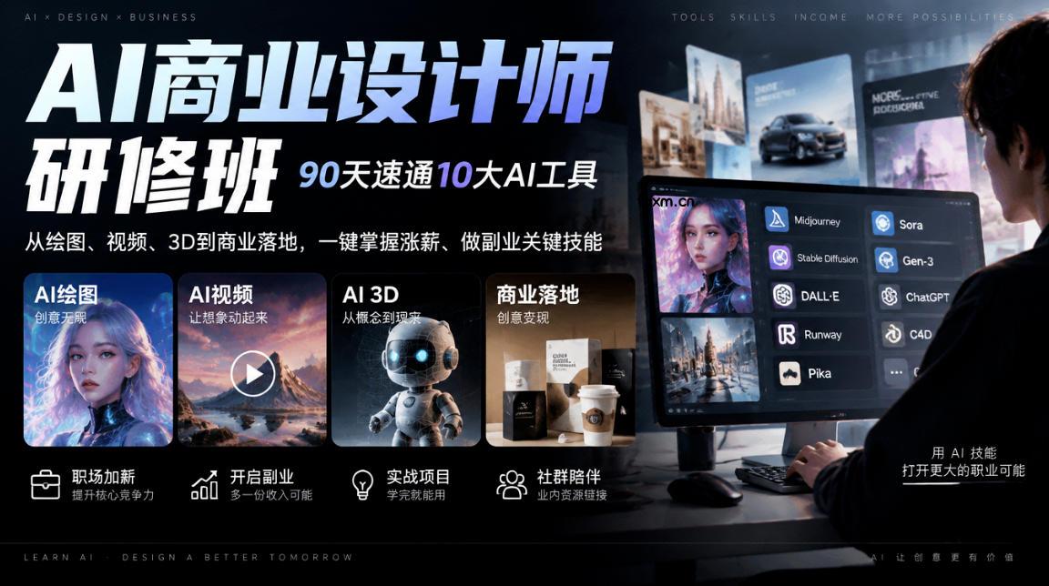 AI商业设计师研修班，90天速通10大AI工具，从绘图、视频、3D到商业落地，一键掌握涨薪、做副业关键技能