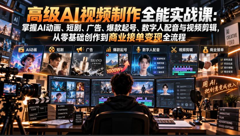 高级AI视频制作全能实战课：掌握AI动画、短剧、广告、爆款起号、数字人配音与视频剪辑，从零基础创作到商业接单变现全流程-轻创终点站