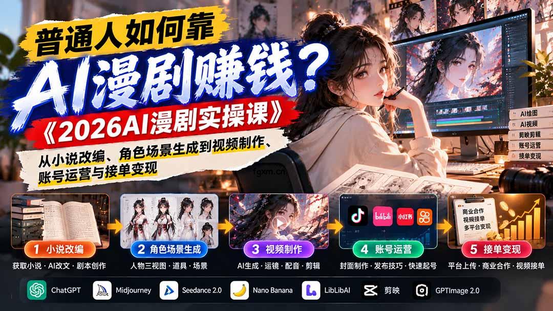 普通人如何靠AI漫剧赚钱？《2026AI漫剧实操课》从小说改编、角色场景生成到视频制作、账号运营与接单变现-轻创终点站