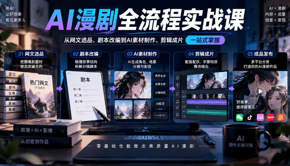 AI漫剧全流程实战课，覆盖从网文选品、剧本改编到AI素材制作、剪辑成片的完整链路-轻创终点站