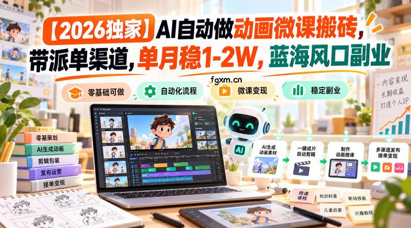 【2026独家】AI自动做动画微课搬砖,带派单渠道,单月稳1-2W,蓝海风口副业【揭秘】