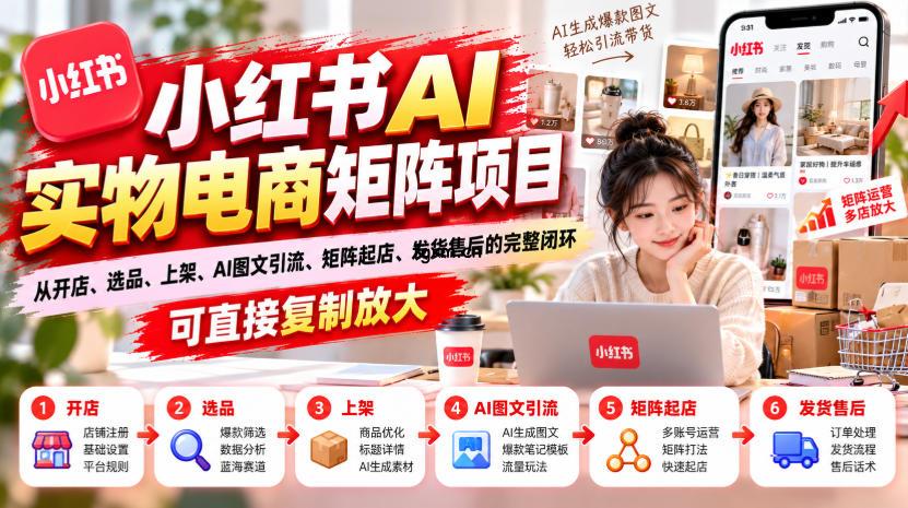 小红书AI实物电商矩阵项目,从开店、选品、上架、AI图文引流、矩阵起店、发货售后的完整闭环,可直接复制放大
